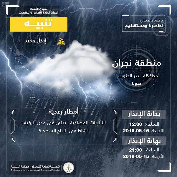 000 3773289501557901271467 - "الأرصاد" تنبه من هطول أمطار رعدية على منطقة نجران