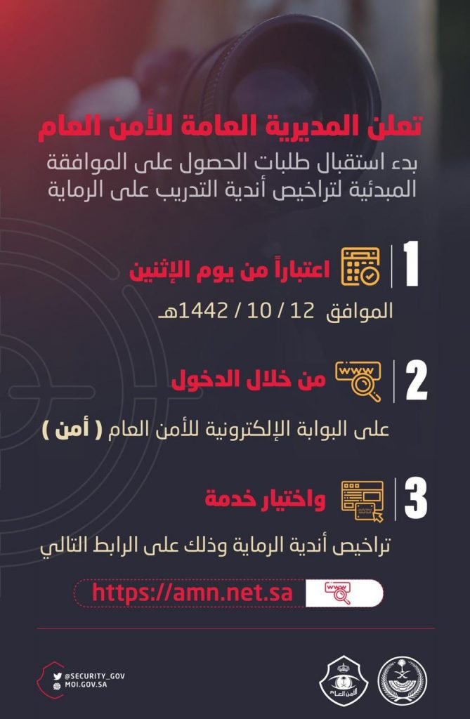 بدء استقبال طلبات الحصول على الموافقة المبدئية لتراخيص أندية التدريب على الرماية بدء استقبال طلبات الحصول على الموافقة المبدئية لتراخيص أندية التدريب على الرماية